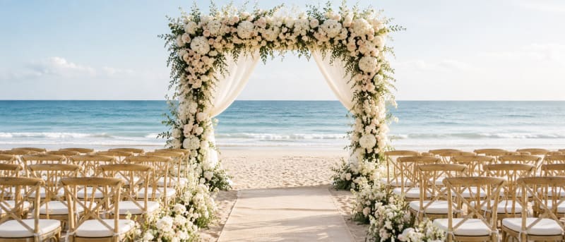 White floral wedding arch on the beach.