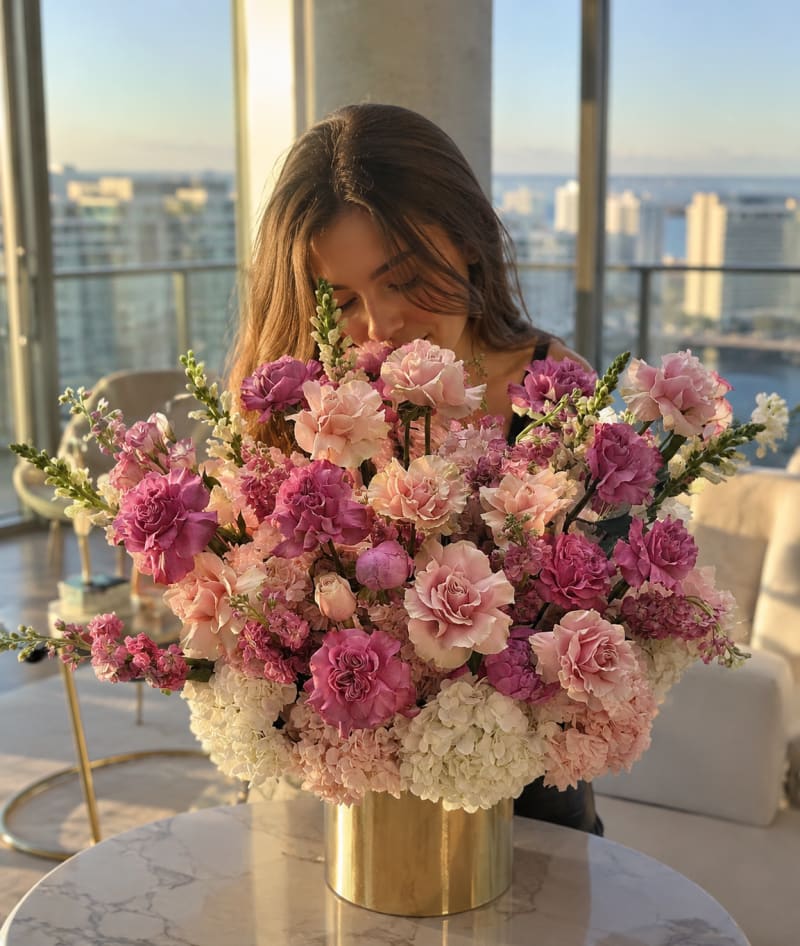 Luxury pink and lavender flower box arrangement by Velour Floral Studio.