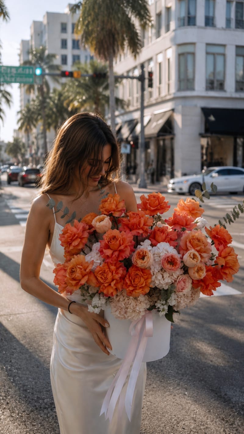 Orange luxury flower box arrangement by Velour Floral Studio for delivery in Coral Gables.