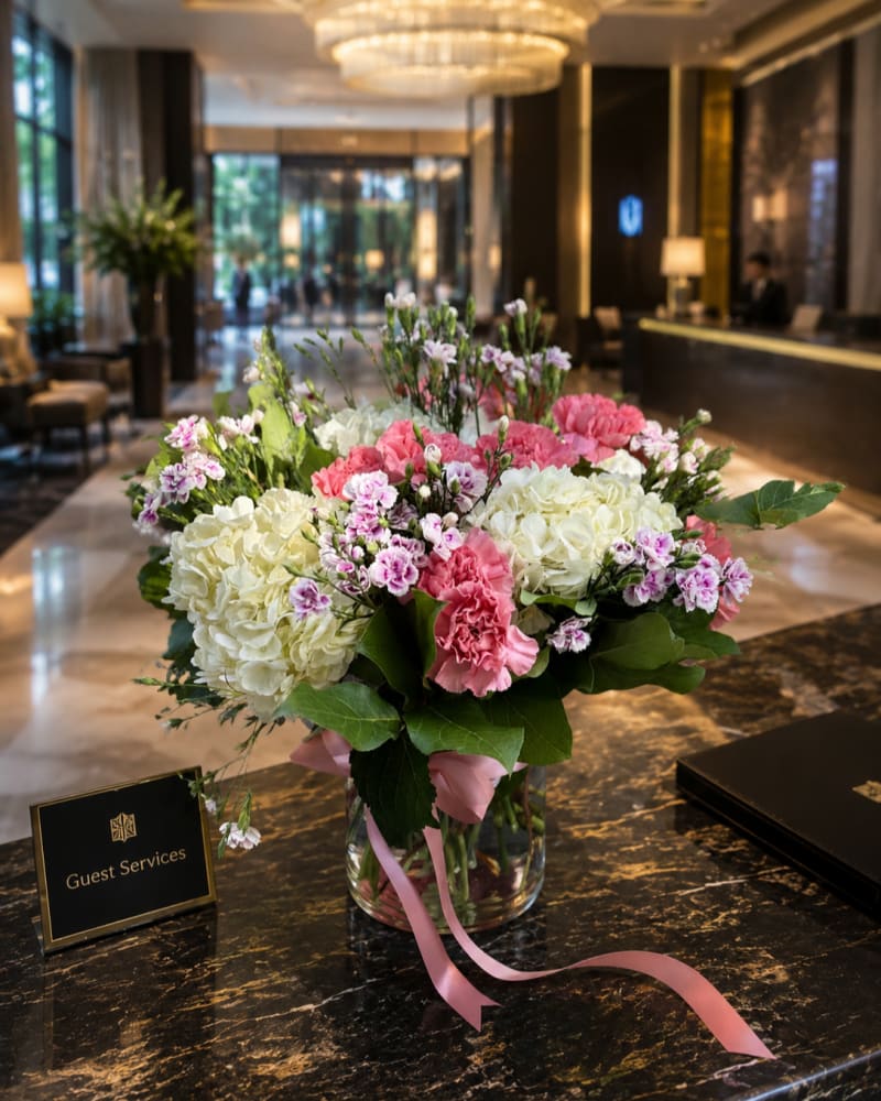 Pink and purple luxury flower arrangement in a vase by Velour Floral Studio.