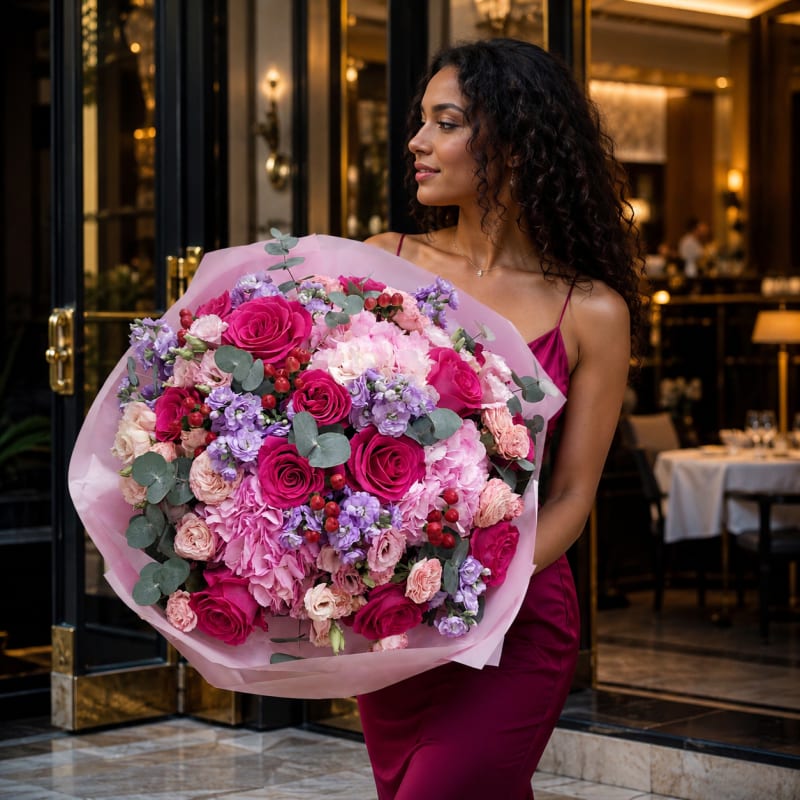 Woman holding a bright pink luxury bouquet.