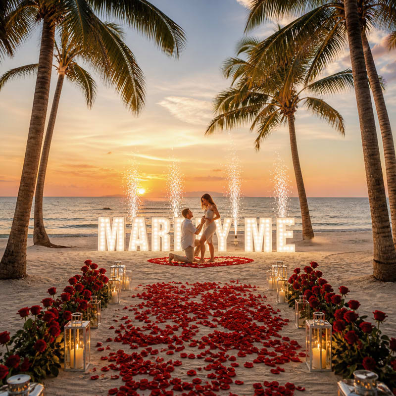 Beach proposal setup with red roses and rose petals.