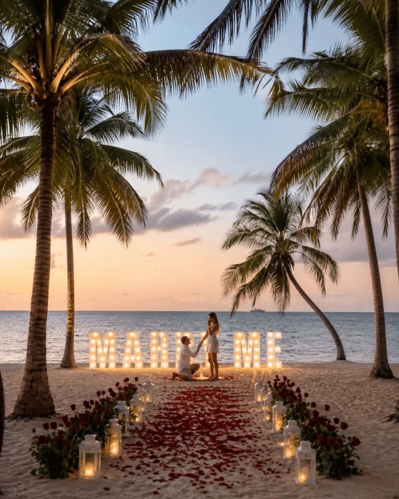 Beach proposal setup with red roses and rose petals.