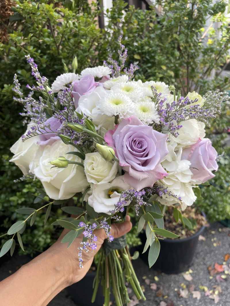 White and lavender wedding bouquet