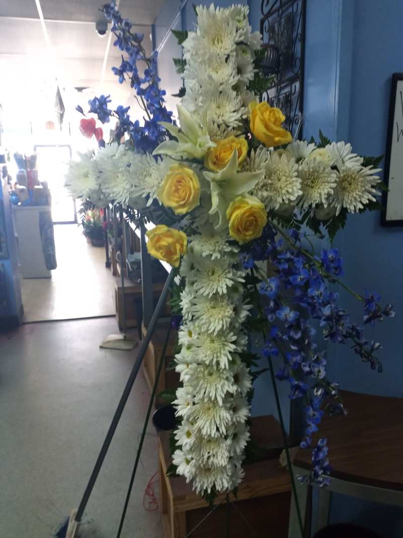 White Standing Cross w/ Yellow Rose & Blue Delphinium Break