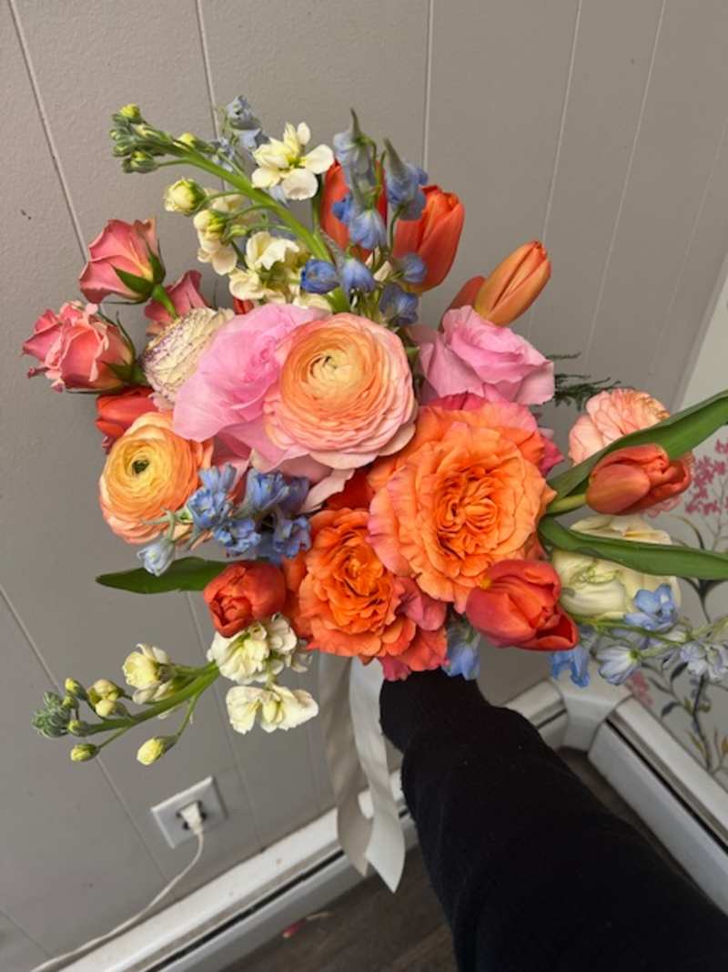 peach. coral , pastel wedding bouquet 