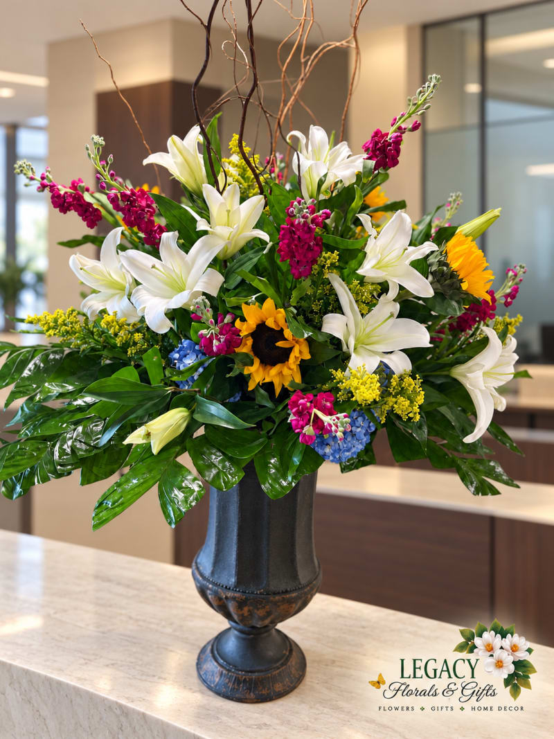 White lilies, yellow sunflowers, pink and blue blooms, greenery, and tall branches in a dark pedestal urn on a pale stone reception counter.