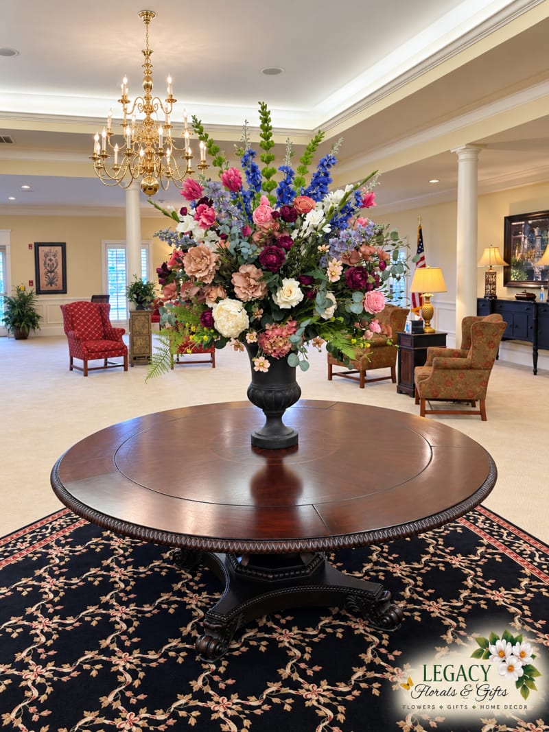 Large pink, cream, and blue floral arrangement in a dark pedestal urn in a grand foyer beneath a chandelier.