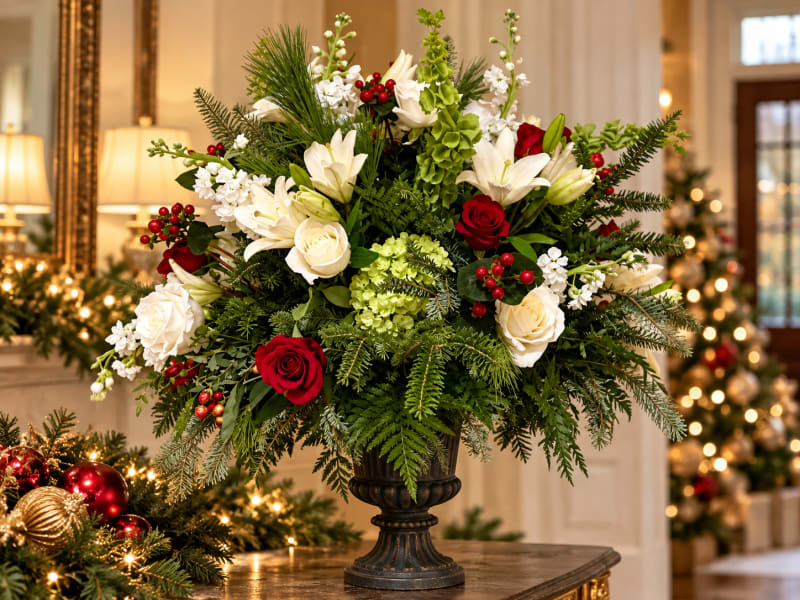 Red and white Christmas floral arrangement with evergreen greenery by Legacy Florals & Gifts