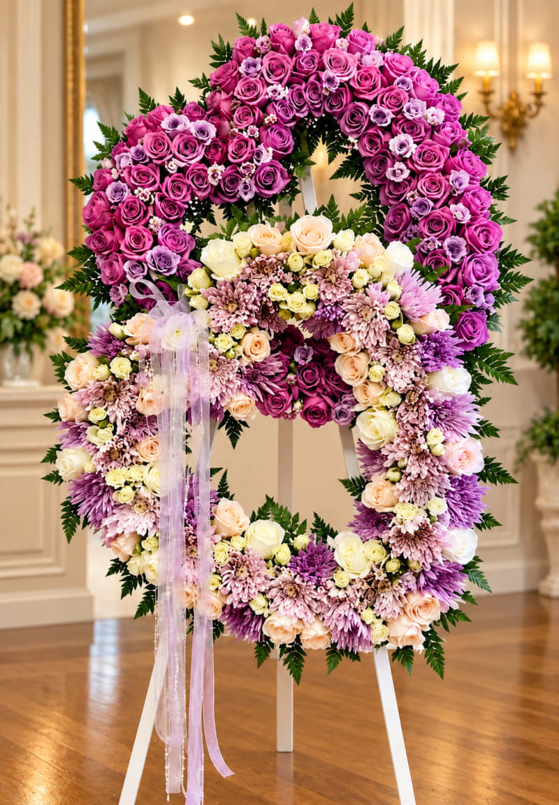 Pink, lavender and cream sympathy floral wreath designed by Legacy Florals & Gifts