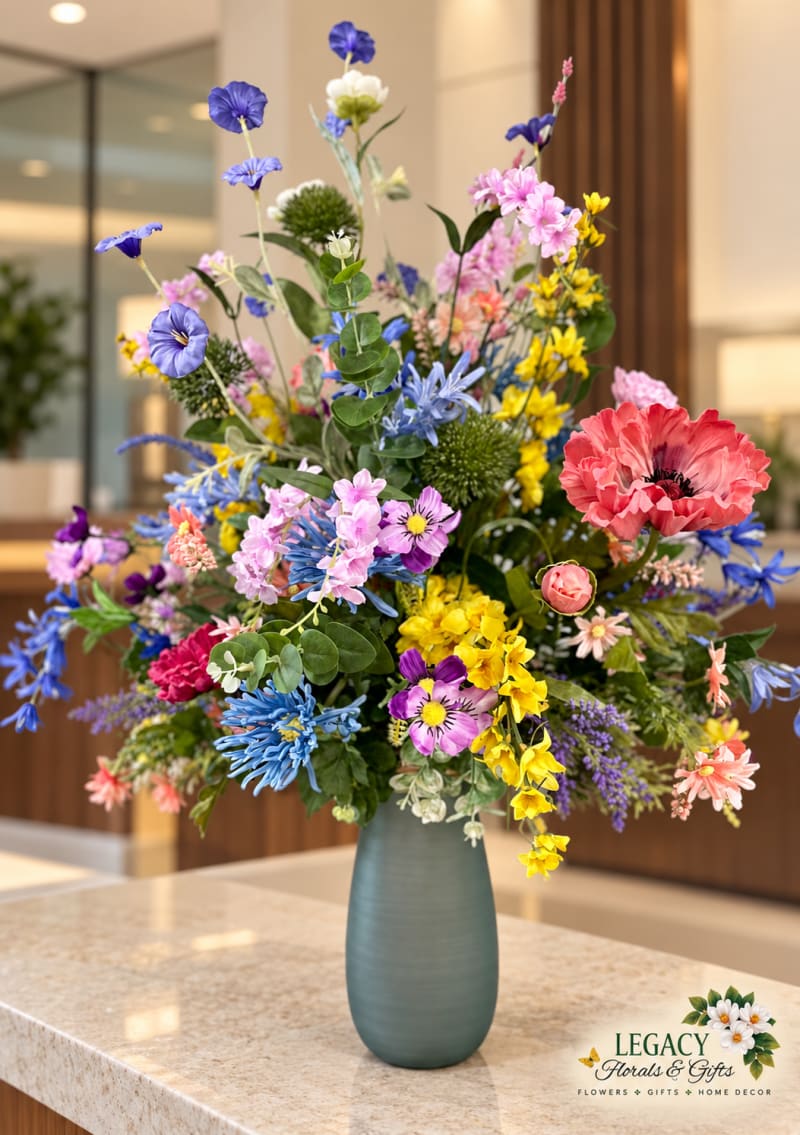 Colorful garden-style floral arrangement with seasonal flowers by Legacy Florals & Gifts