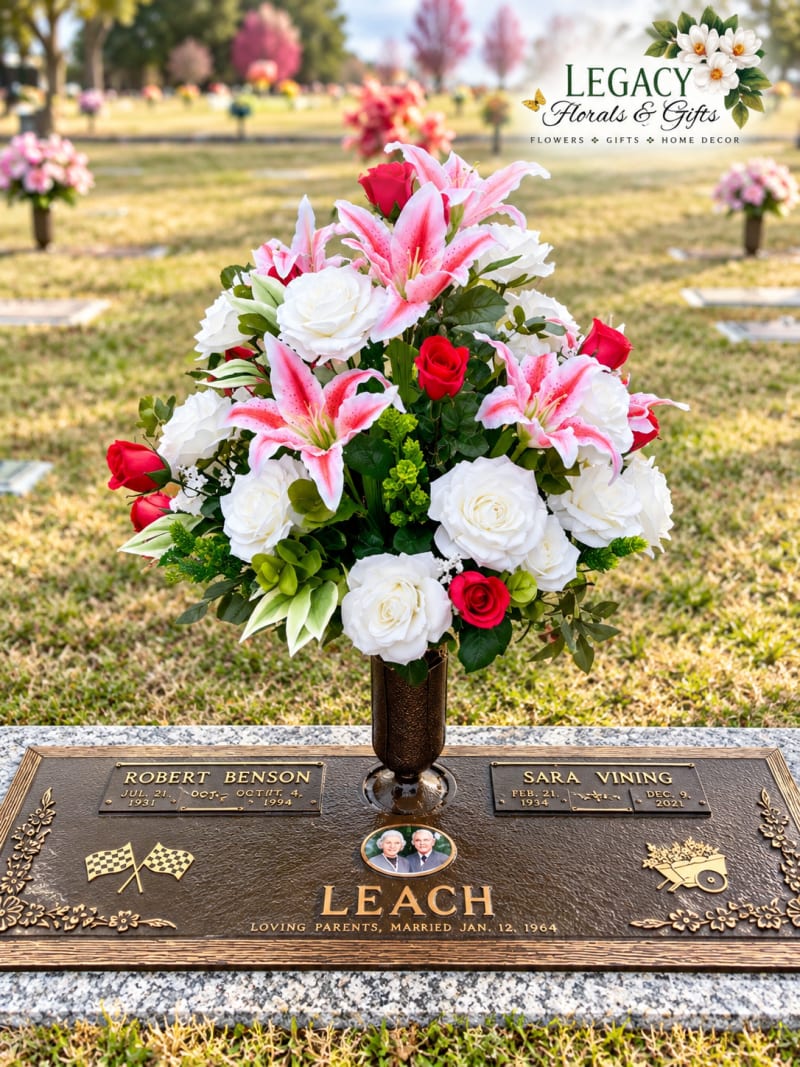 Pink lilies, white roses, and red roses arranged in a cemetery vase at a family gravesite by Legacy Florals & Gifts.