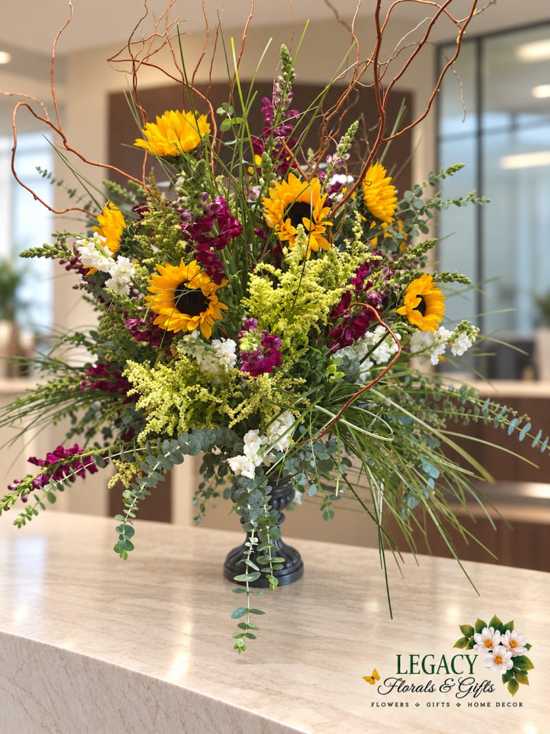Yellow sunflowers and purple blooms with eucalyptus and tall curly branches in a dark pedestal vase on a pale stone counter.