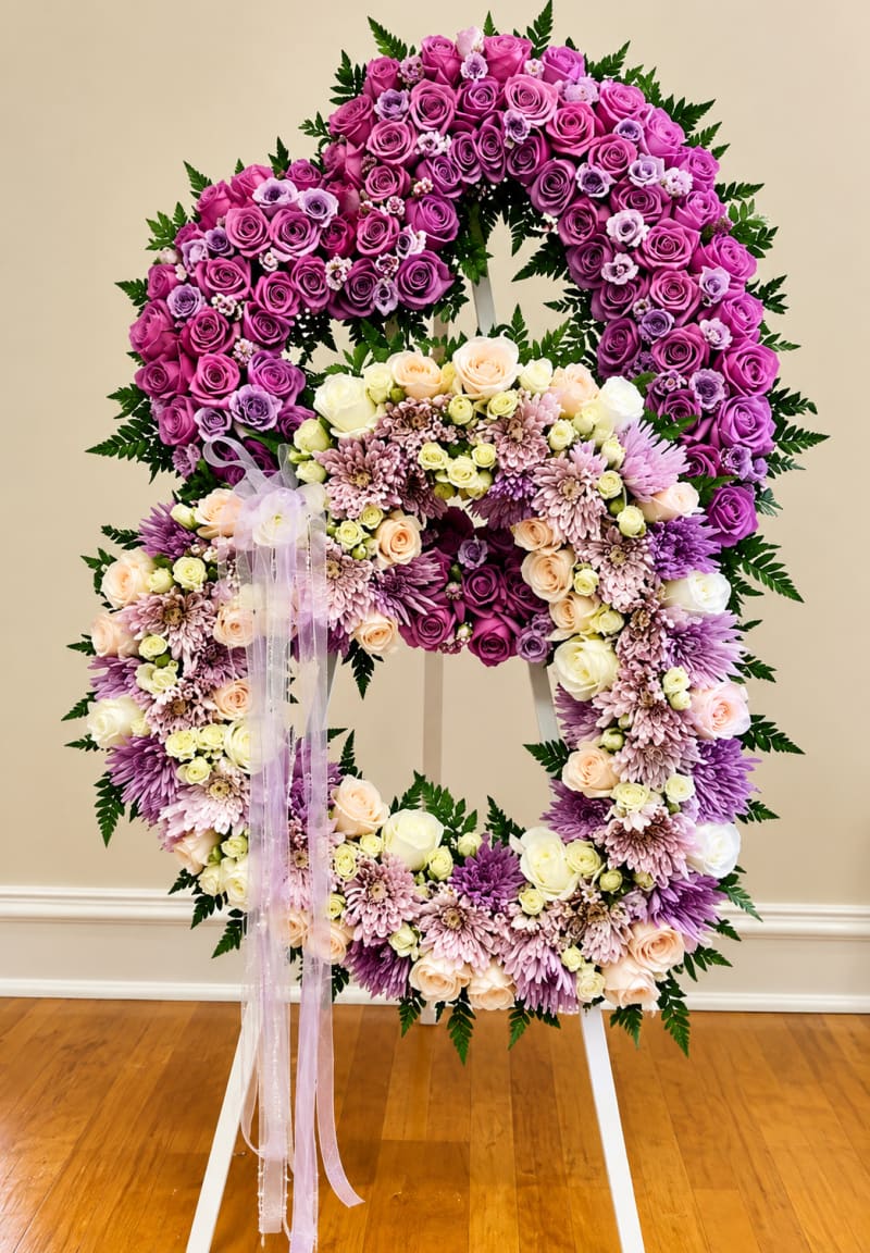 Purple and white double-heart sympathy floral arrangement by Legacy Florals & Gifts for a funeral or memorial service.